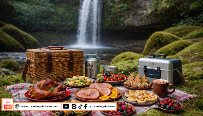 Christmas picnic setup near a scenic American waterfall with festive dishes